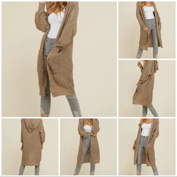 NWT annabelle boutique duster sweater Cardigan open front hooded pockets neutral - Picture 1 of 8